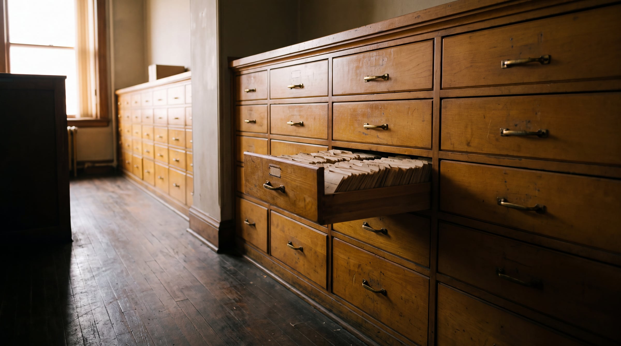 A long bank of wooden index-card drawers with brass handles, one drawer pulled open and packed with cards